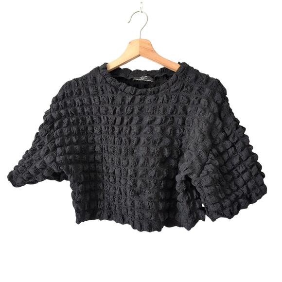 Dressed in LALA Crop Top Popcorn Puff Textured T-Shirt Bubble Women Black Medium - Picture 1 of 10